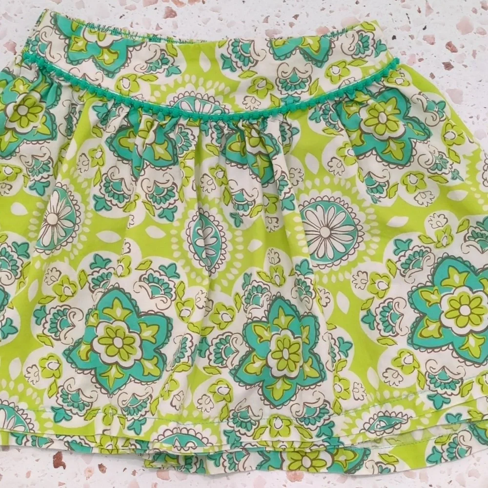 Cherokee | Turquoise and Lime Print Skirt with Baby Pom Trim | 4T